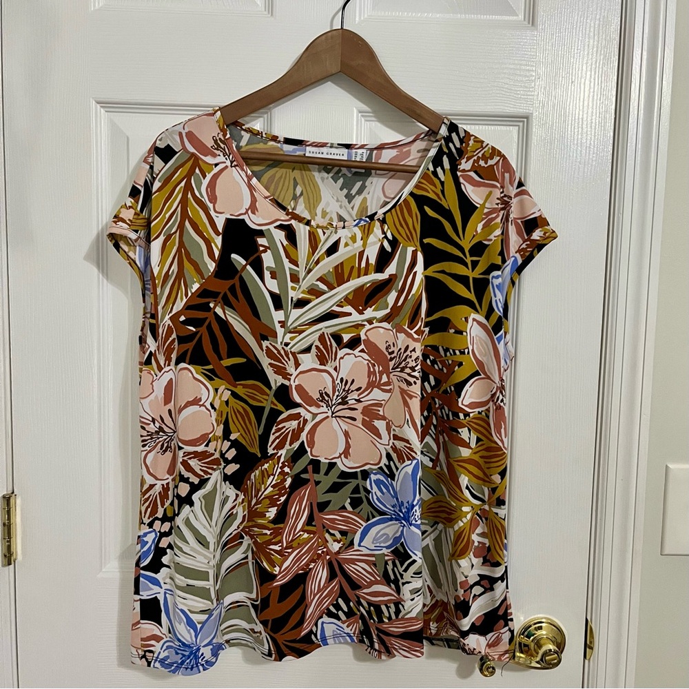 Susan Graver Relaxed Tropical Print Cap Sleeve Blouse